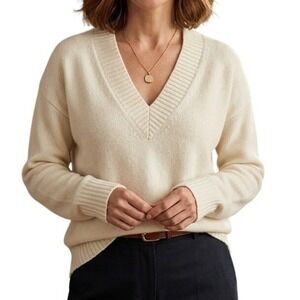 Wool Cashmere Blend V-Neck Sweater Cream Off-White Ribbed Trim Pullover Womens L